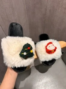 Giày vải nhung trắng thời trang cho nữ, Dép đi trong nhà hình cây thông Noel 3D hoạt hình vui nhộn, Giày đế bằng mềm mại làm quà tặng, Giày đế bằng mềm mại chống trượt hở mũi màu đen và trắng - trắng - Xem 2