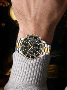 VA VA VOOM Reloj multifuncional para hombre, negro y dorado gradual, calendario de lujo, cronómetro, luminiscencia nocturna, acero inoxidable, reloj de cuarzo para viaje y exterior