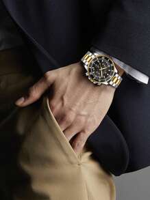 VA VA VOOM Reloj multifuncional para hombre, negro y dorado gradual, calendario de lujo, cronómetro, luminiscencia nocturna, acero inoxidable, reloj de cuarzo para viaje y exterior