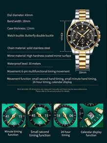 VA VA VOOM Reloj multifuncional para hombre, negro y dorado gradual, calendario de lujo, cronómetro, luminiscencia nocturna, acero inoxidable, reloj de cuarzo para viaje y exterior