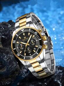 VA VA VOOM Reloj multifuncional para hombre, negro y dorado gradual, calendario de lujo, cronómetro, luminiscencia nocturna, acero inoxidable, reloj de cuarzo para viaje y exterior