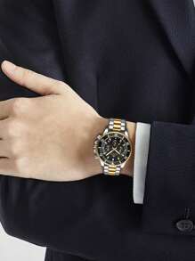 VA VA VOOM Reloj multifuncional para hombre, negro y dorado gradual, calendario de lujo, cronómetro, luminiscencia nocturna, acero inoxidable, reloj de cuarzo para viaje y exterior
