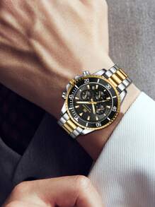 VA VA VOOM Reloj multifuncional para hombre, negro y dorado gradual, calendario de lujo, cronómetro, luminiscencia nocturna, acero inoxidable, reloj de cuarzo para viaje y exterior