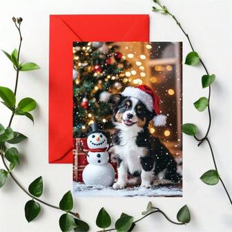 1 件/2 件设计精美，可爱的边境牧羊犬与圣诞帽和雪人图案贺卡，送给爱狗人士的完美圣诞礼物，带信封，适合家人、朋友、儿子、女儿、孙辈，高品质厚卡片纸，质地舒适