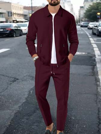 Conjunto informal de 2 piezas para primavera para hombre, que incluye 1 chaqueta con cremallera y bolsillo en la solapa + 1 pantalón casual largo, para otoño/primavera, atuendos cómodos