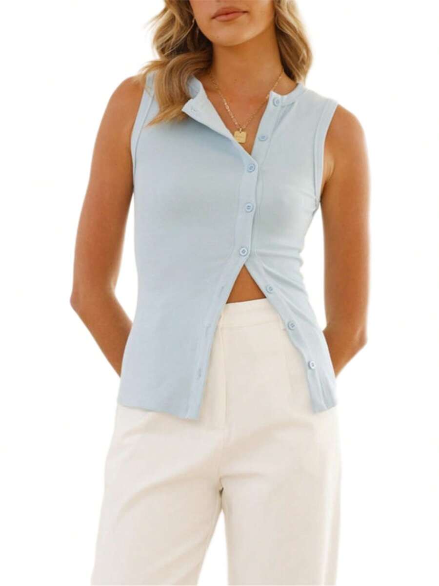 Camisetas sin mangas acanaladas para mujer, camisa informal de verano de color sólido con botones, sin mangas, chaleco básico, ropa estética para ropa de calle - azul cielo - Ver 1