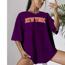 Blusa Feminina Camiseta Gola Redonda Estampada Brooklyn Laranja Blusinha 100% Algodão T shirt - Roxo - Visão 1