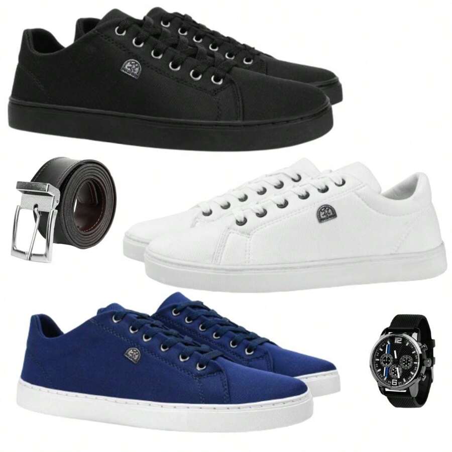 Kit 3 Men's Casual Sport Sneakers, Fine Urban Style + Modern Watch With Hands + Classic Dress Belt - 白色 - 查看 1