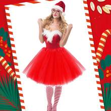 4 Stücke/Set Weihnachts-Kostüm-Accessoires für Frauen, bestehend aus Weihnachtsmann-Mütze mit Zuckerstangen, Zuckerbrillen, Tüllrock und gestreiften Socken