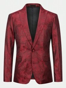 CLOUDSTYLE Men's Burgundy Jacquard Lapel Neck Party/Performance Suit Jacket, Spring/Autumn - Burgundy - View 2