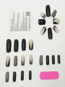 24 piezas de uñas postizas cuadradas con estampado de leopardo negro estilo europeo y americano, adecuadas para bodas, fiestas, sesiones de fotos + gel de uñas + lima de uñas - Negro - Ver 4