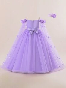 Vestido largo de malla elegante decorado con flores para niñas preadolescentes, vestido glamoroso y elegante para fiestas, bailes, ocasiones formales, adecuado para actuaciones escolares, sin accesorios para el cabello