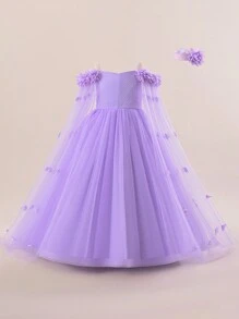 Vestido largo de malla elegante decorado con flores para niñas preadolescentes, vestido glamoroso y elegante para fiestas, bailes, ocasiones formales, adecuado para actuaciones escolares, sin accesorios para el cabello