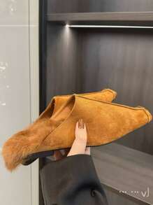 2024秋冬新款方头绒面休闲穆勒鞋平底包头橘红色内里毛绒个性亮面拖鞋 - 桔紅色 - 查看 2