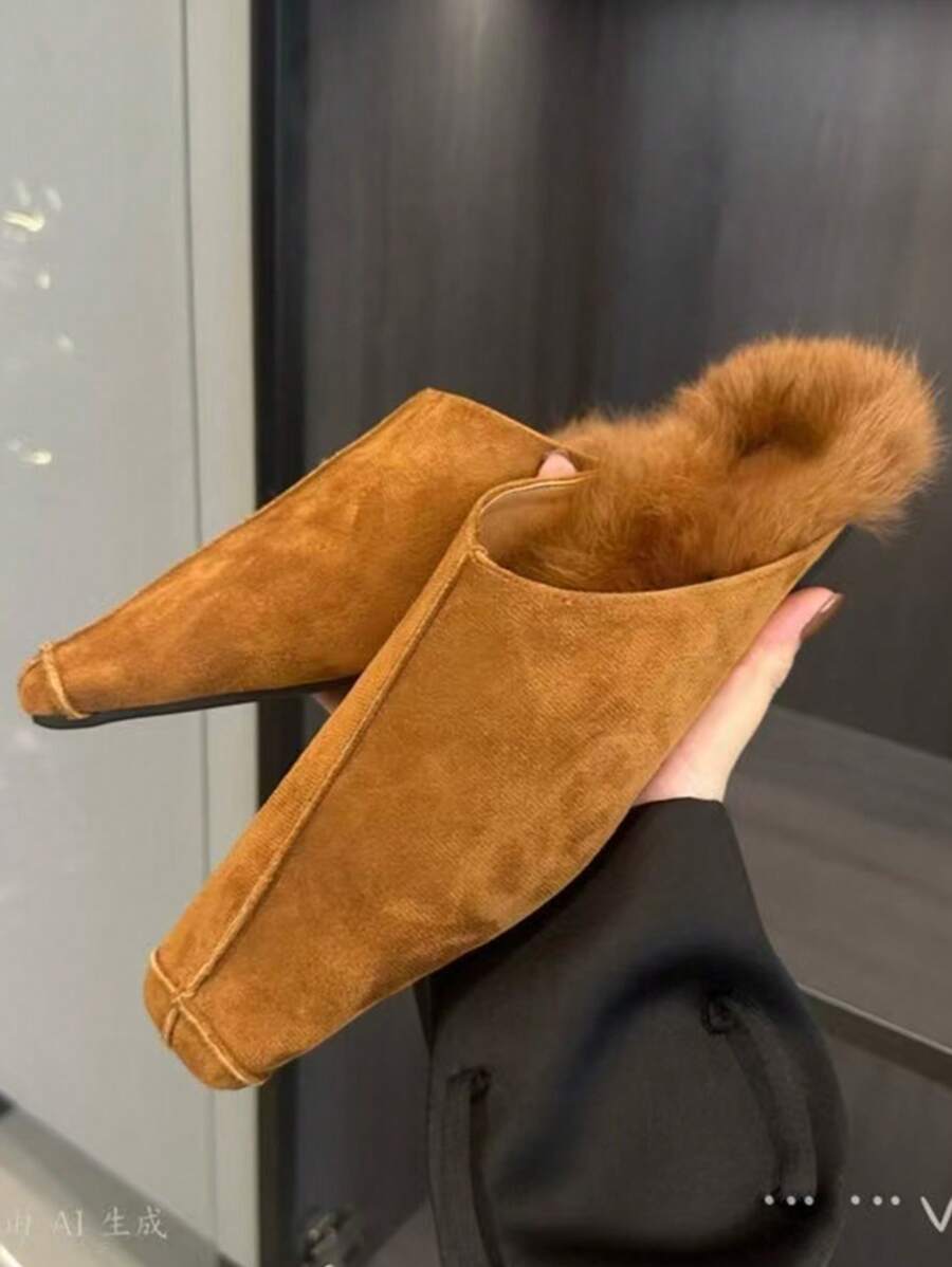 2024秋冬新款方头绒面休闲穆勒鞋平底包头橘红色内里毛绒个性亮面拖鞋 - 桔紅色 - 查看 1