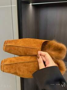 2024秋冬新款方头绒面休闲穆勒鞋平底包头橘红色内里毛绒个性亮面拖鞋 - 桔紅色 - 查看 4