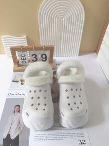 纯色保暖家居拖鞋，蓬松隔热衬里，厚防滑鞋底，冬季毛绒舒适鞋，高跟款