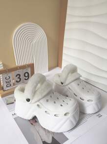 纯色保暖家居拖鞋，蓬松隔热衬里，厚防滑鞋底，冬季毛绒舒适鞋，高跟款