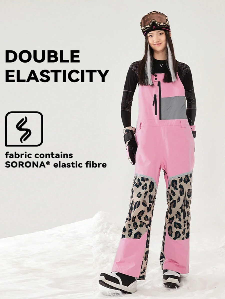 VECTOR MOTION 直筒滑雪背带裤，弹性面料，防水，耐磨，防风，透气，保暖，适合单板/双板滑雪，粉色冬季滑雪服