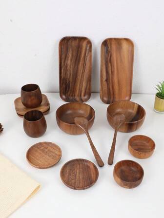 14pcs/Set Rosewood Tableware Set: Rosewood Bowls, Cups, Condiment Plates, Plates, Spoons,School Supplies