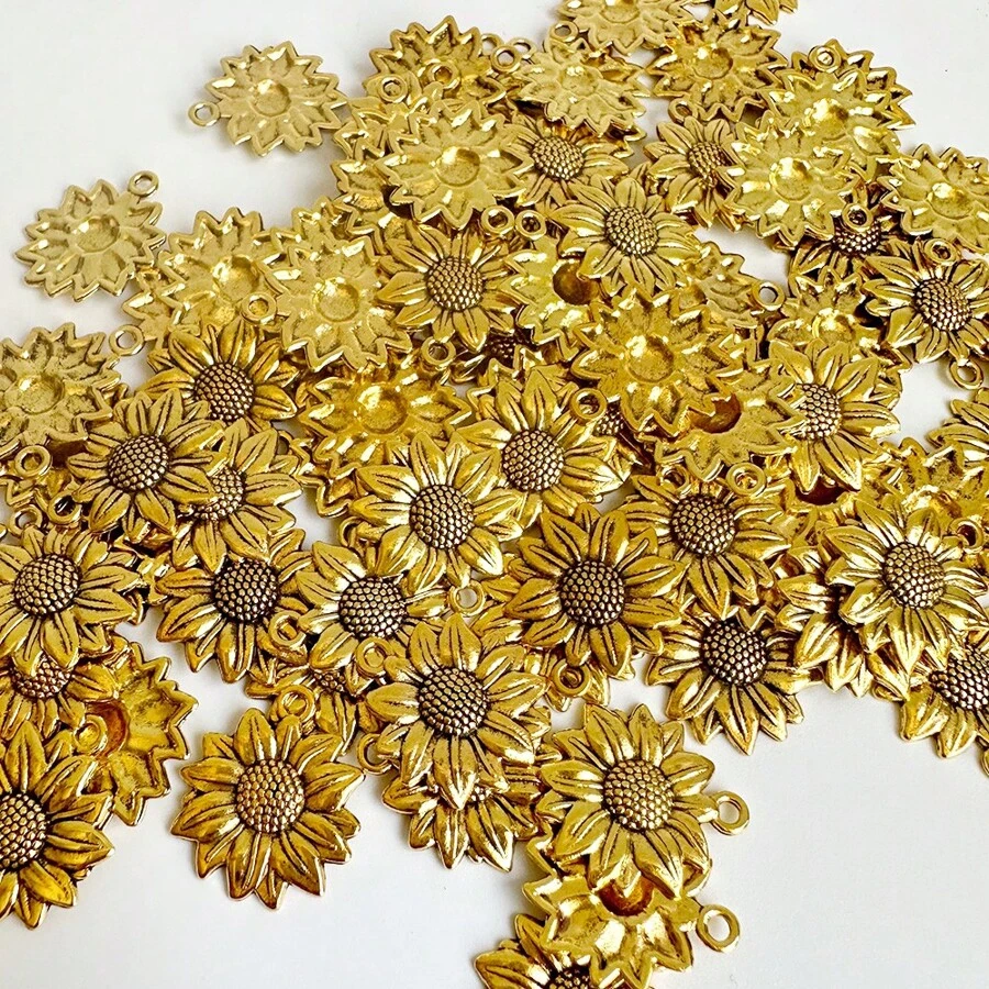 10 件双色 22x20 毫米可爱向日葵饰品植物吊坠适合 DIY 手工金属合金首饰制作 - 向日葵 - 查看 1
