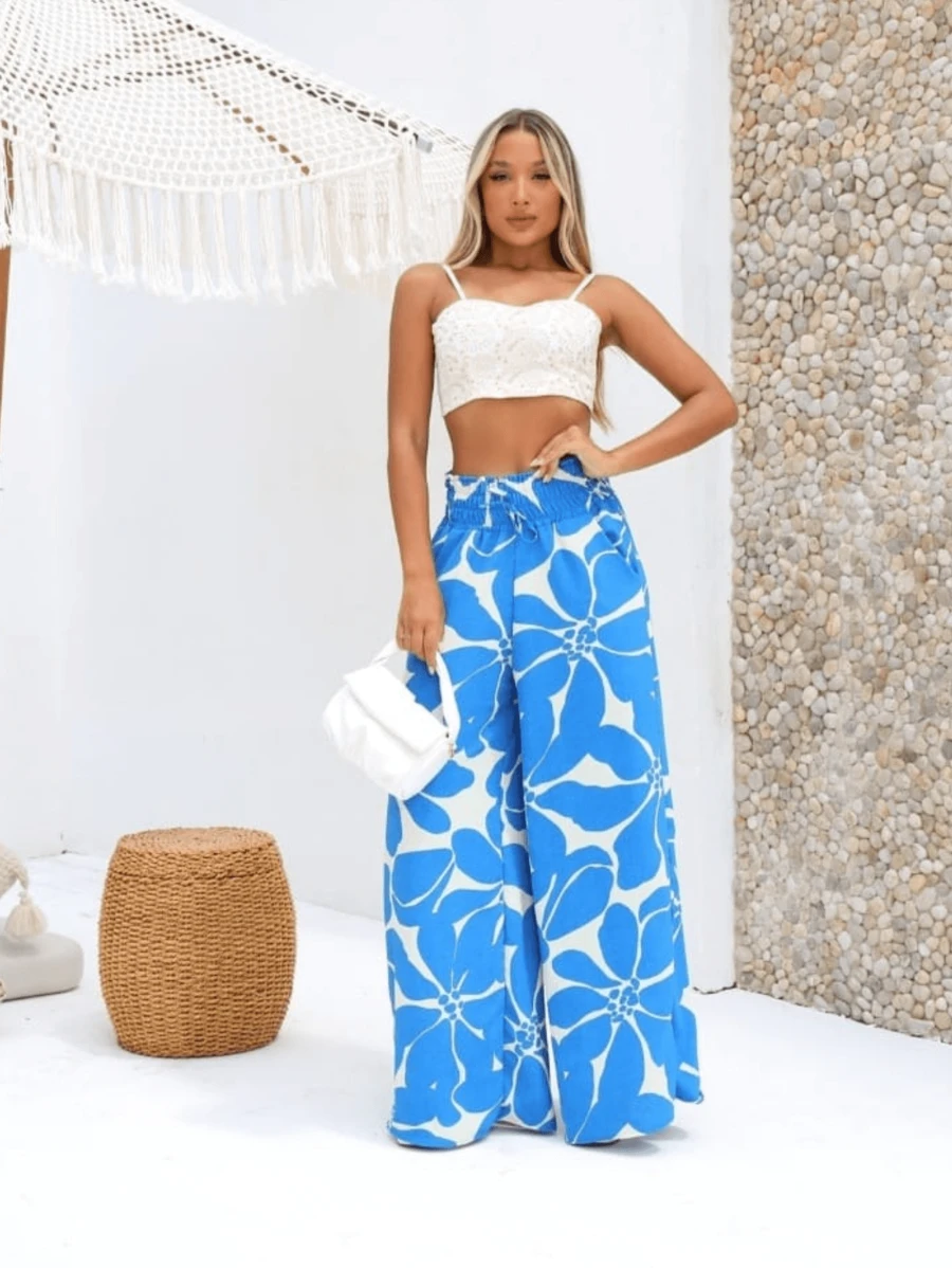 Women's Printed High-Rise Wide-Leg Trousers In Duna Fabric With Lining, Pockets And 8 Cm Elastic – Elegance And Comfort - 藍色 - 查看 1