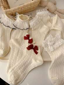 5 双可爱日式蕾丝边蝴蝶图案中筒袜（女款） - 彩色 - 查看 1