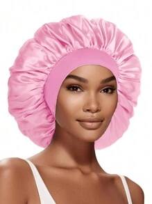 Awegeo Women's Solid Color Wide Brim Satin Sleeping Cap, Soft Comfortable Breathable, Daily Hair Care Sleep Hat - Hot Pink - View 9