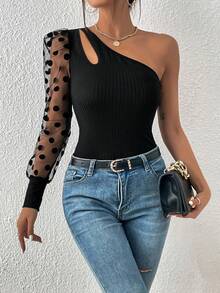 女士优雅镂空性感针织罗纹拼接网眼波尔卡圆点植绒单肩长袖衬衫 T 恤 - 黑色 - 查看 3