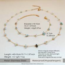 优雅冰蓝色不对称天然石女士项链和手链套装，法式乡村风格浅蓝色半透明碎石项链，防锈18K镀金不锈钢，波西米亚艺术氛围，流苏链，妇女节、情人节、母亲节的完美礼物，适合日常、派对、约会、宴会场合 - 金色 - 查看 6