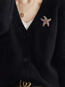 1pc Vintage Boho Style Colorful Rhinestone Starfish Fashion Brooch Pin, Versatile & Great Gift For Women