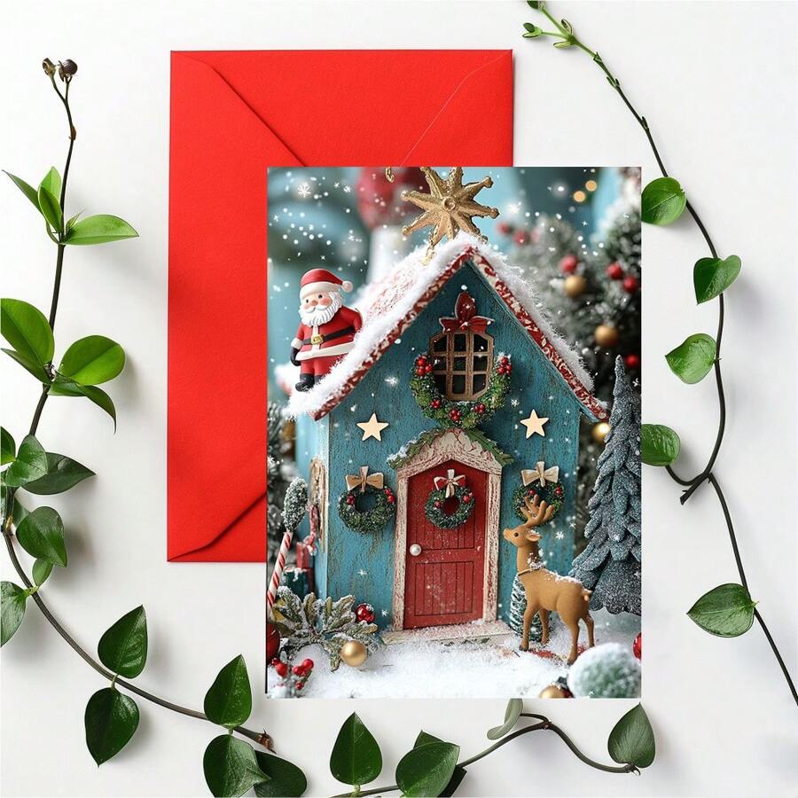 1pc/2pcs Exquisite Christmas Santa Gingerbread House Printed Cards, Birthday Invitation Cards, Perfect Christmas Gift For Family, Friends, Colleagues, Casual & Minimalist Invitation Cards And Letters - Red - View 1