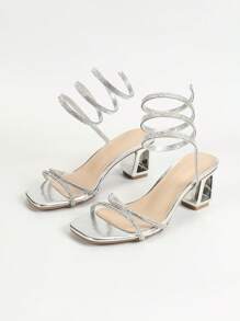 Women's Fashionable Silver Crystal Snake Wrap Electroplated High Heel Peep Toe Roman Sandals, Suitable For Weddings, Parties, Dates, Popular Fashion Shows, Party Dresses, Shorts, Cool And Sweet Outfits, Generous And Elegant Daily Casual Outings