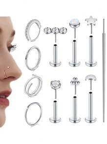 AVYRING 11 Stücke Nasenpiercing-Set aus chirurgischem Stahl, Nasenringe, Nasenstecker, Labret Stecker, Lippen-Piercing, flacher Rückseite Knorpelohrringe, Tragus, Helix Piercingschmuck