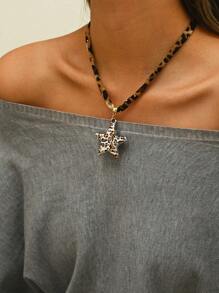 1pc Leopard Printing Necklace, Heart Bow Star Flower Pendent Necklace, Winter Necklace, Daily Accessory, Dating, Party Necklace, Woman Gift, Valentine's Day Gift Valentines