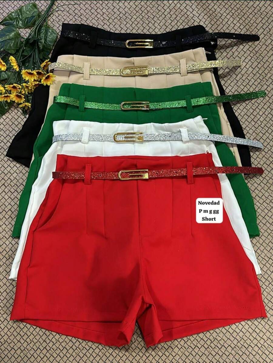 Women's Tailored Shorts With Shiny Belt - 黑色 - 查看 1