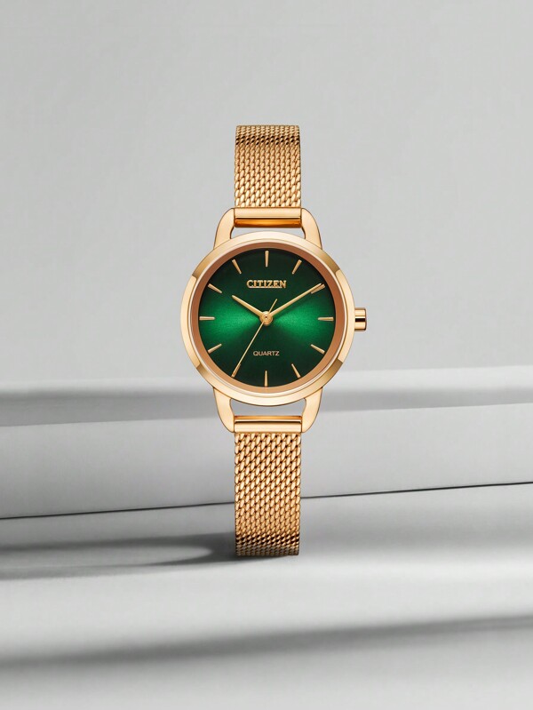 CITIZEN Women's Gold Quartz Mesh Bracelet Watch With Green Dial And Stainless Case Stylish Casual Ladies Gift Watch, EQ3003-50W