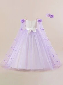 Vestido de princesa largo de tul con flores 3D para niñas preadolescentes, elegante y lujoso vestido formal adecuado para baile escolar, baile de graduación, fiesta de noche (diadema no incluida) - Púrpura malva - Ver 2