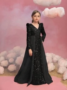 青少年女孩长袖亮片对比网眼超长派对连衣裙