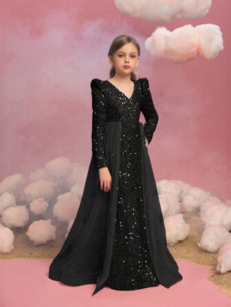 Tween flickor långärmad paljett kontrast mesh maxi festklänning