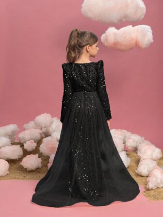 Tween flickor långärmad paljett kontrast mesh maxi festklänning