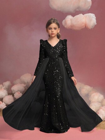 Tween Girls Long Sleeve Sequin Contrast Mesh Maxi Party Dress