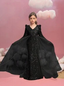 青少年女孩长袖亮片对比网眼超长派对连衣裙