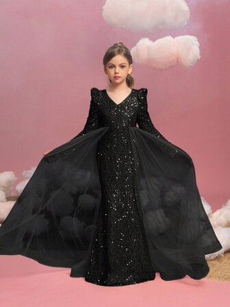 Tween flickor långärmad paljett kontrast mesh maxi festklänning