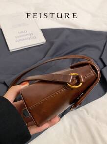 1 件 Feisture 纯色 PU 腋下法棍包，带复古翻盖，适合女孩、女士、大学生、办公室女士，非常适合工作、商务、通勤、学校 - 棕色 - 查看 7