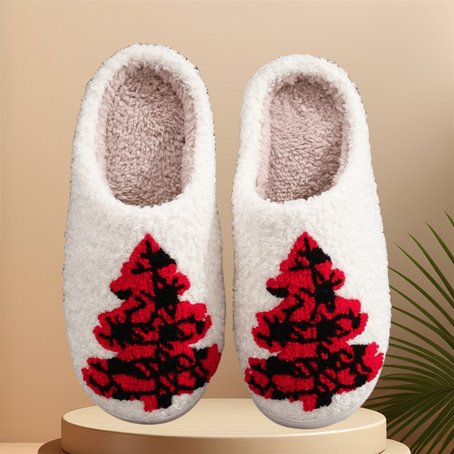 Hot Selling Christmas Deer & Santa Claus Embroidery Print Indoor Thermal Slippers, Couple & Unisex Slip-On Slippers For Autumn/Winter