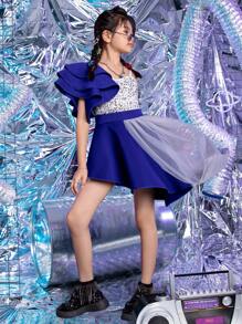 Conjunto de pasarela de estilo Kpop para niña preadolescente, vestido de fiesta de cumpleaños de desfile de moda de modelo de pasarela para niña, vestido de baile de jazz para niña preadolescente (LL0017) - azul real - Ver 7