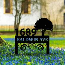 1 件个性化花园门牌号标牌、定制房屋地址标牌、定制美国秋田犬金属纪念花园桩、定制地址金属标牌、带树的地址标牌、前廊装饰、草坪安装金属地址牌