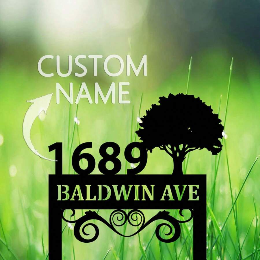 1 件个性化花园门牌号标牌、定制房屋地址标牌、定制美国秋田犬金属纪念花园桩、定制地址金属标牌、带树的地址标牌、前廊装饰、草坪安装金属地址牌