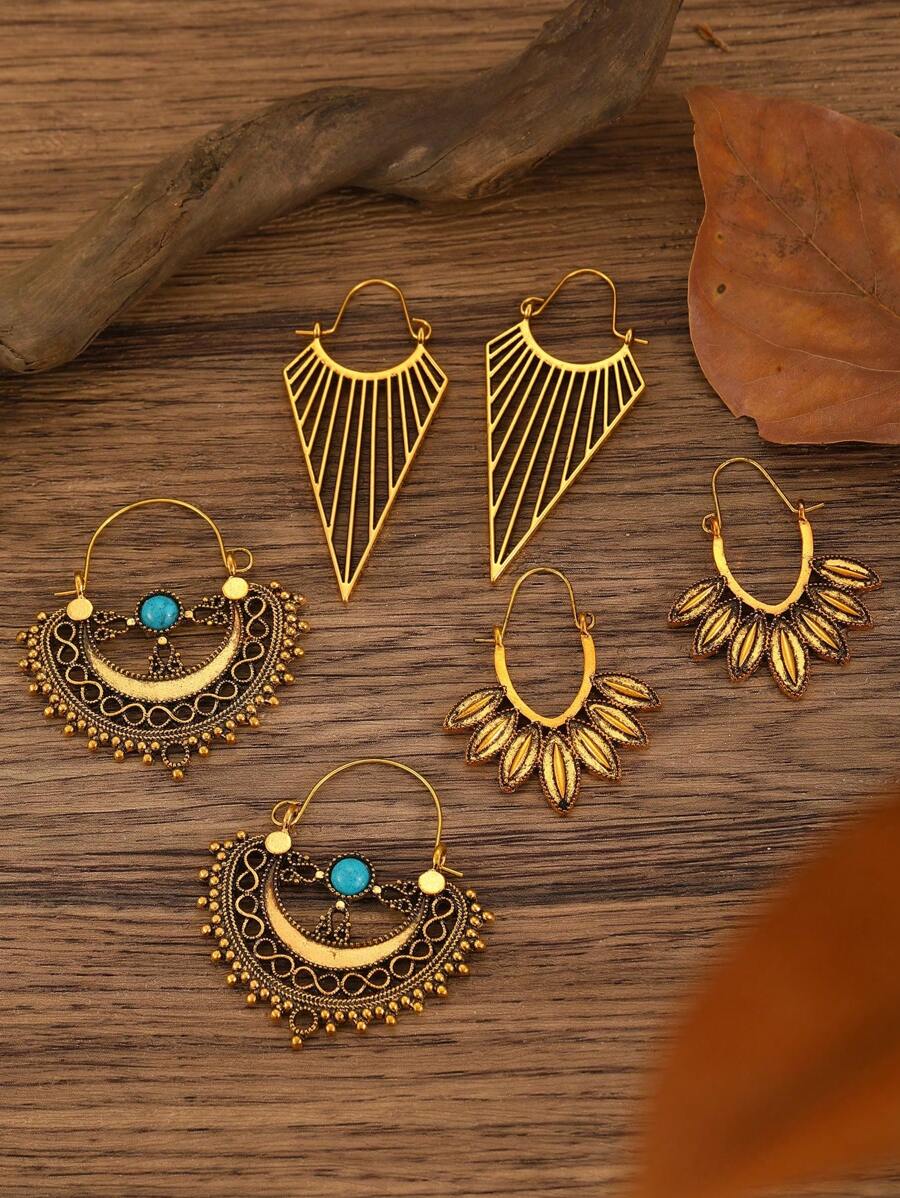 3 Pairs Vintage Bohemian Hollow Flower & Geometric Line Design Earrings Set, Suitable For Women Everyday Wear Valentines - Yellow Gold - View 1